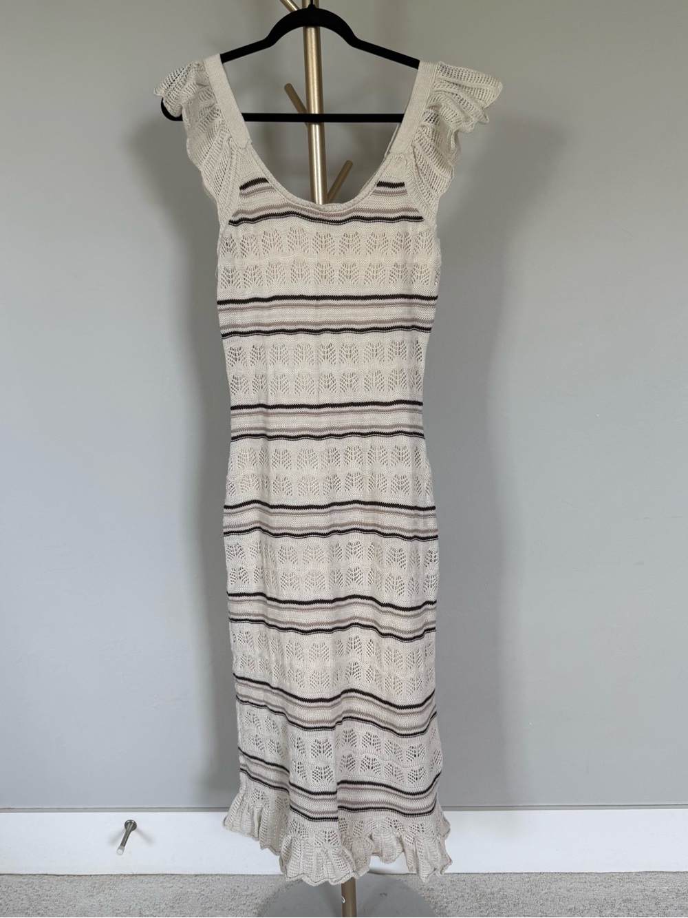 Freshman 1996 Crochet Stripe Midi Dress - Cream with Brown Stripes